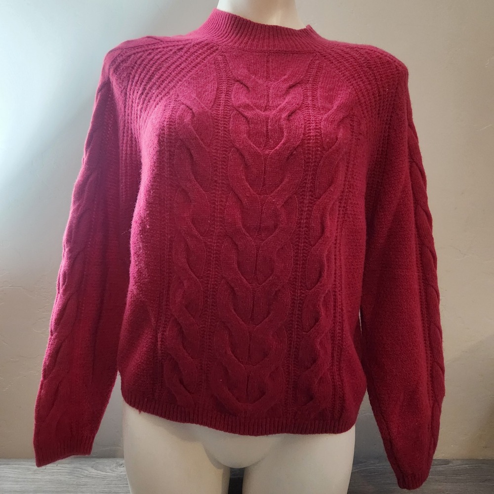 Banana Republic Size M Petite Cable Knit Sweater Raspberry Red Italian Yarn Soft